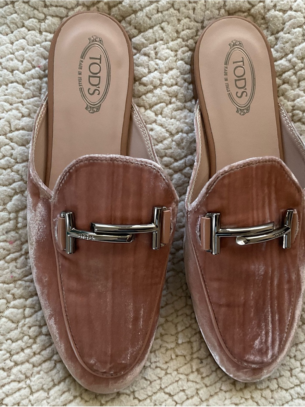 TOD'S Pink Velvet Horsebit Mule Slides sz 36 NWOT
